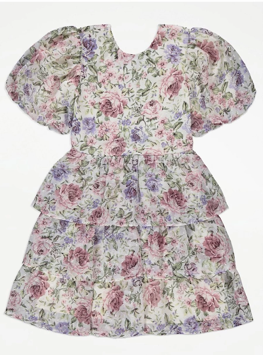 "George at Asda Girls Cream Rose Floral Print Puff Sleeve Tiered Dress Reviews"