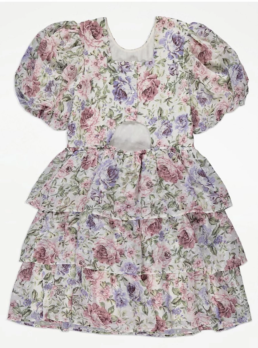 "George at Asda Girls Cream Rose Floral Print Puff Sleeve Tiered Dress Reviews"