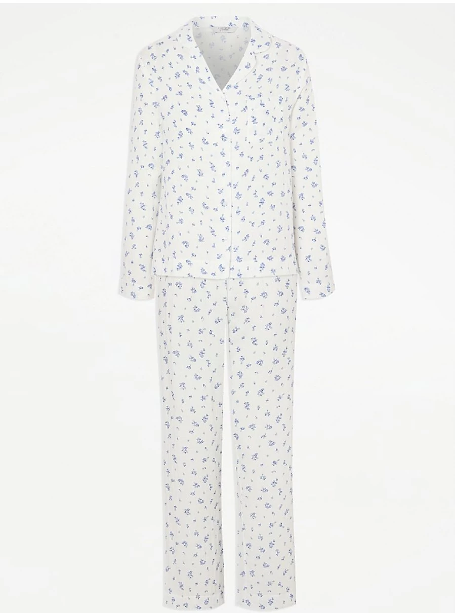 "George at Asda Women's White Floral Long Sleeve Pyjama Set - Double Cloth Comfortable Sleepwear"