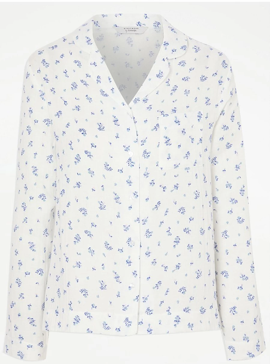 "George at Asda Women's White Floral Long Sleeve Pyjama Set - Double Cloth Comfortable Sleepwear"