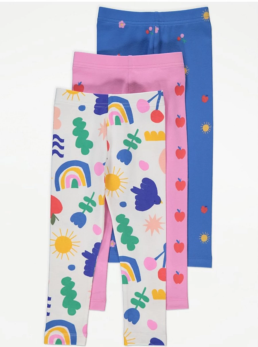 "George at Asda Girls' Fruity Floral Leggings 3-Pack | Comfortable & Stylish Kids' Leggings"