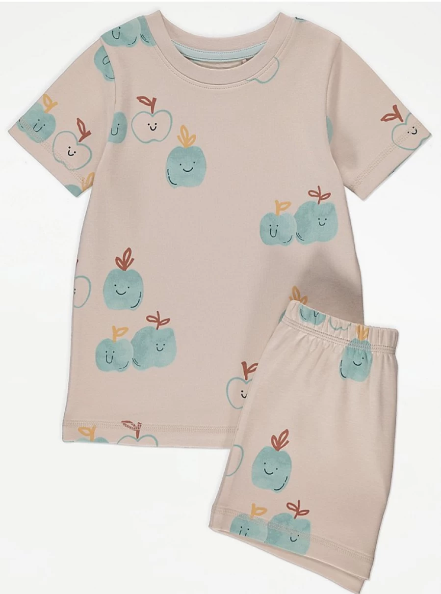 "George at Asda Kids' Cream Happy Apple Print Short Pyjamas – Comfortable & Fun Sleepwear"