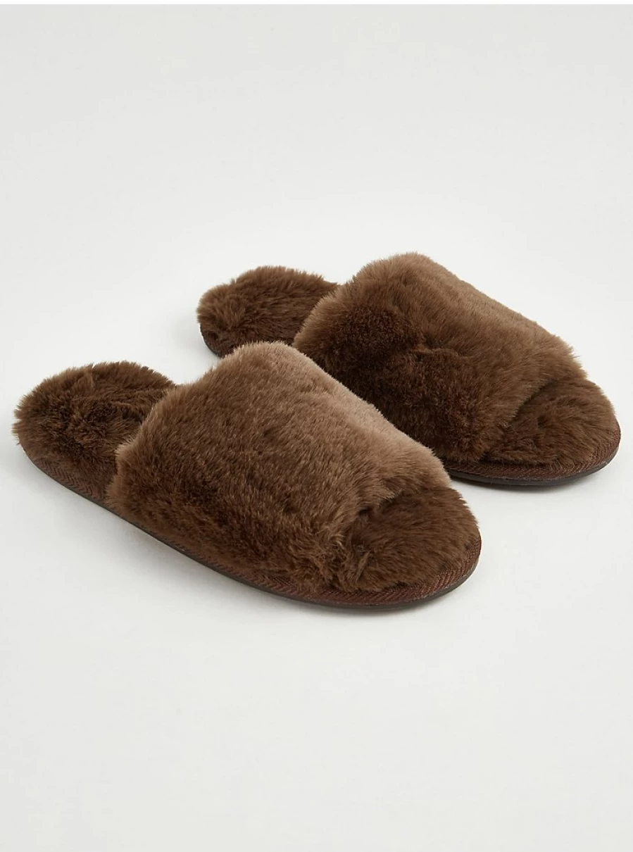 George at Asda Women's Chocolate Brown Faux Fur Slide Slippers - Cozy Indoor Comfort