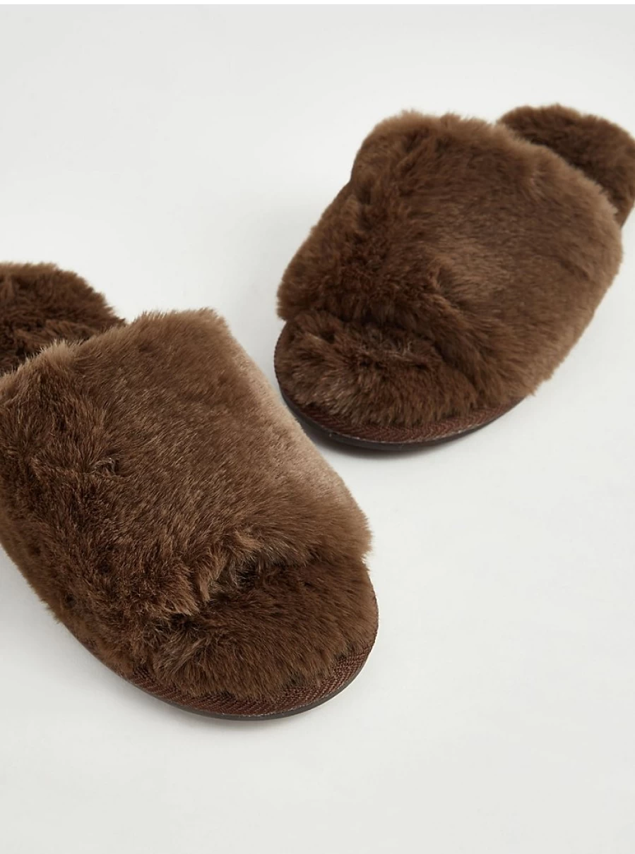 George at Asda Women's Chocolate Brown Faux Fur Slide Slippers - Cozy Indoor Comfort
