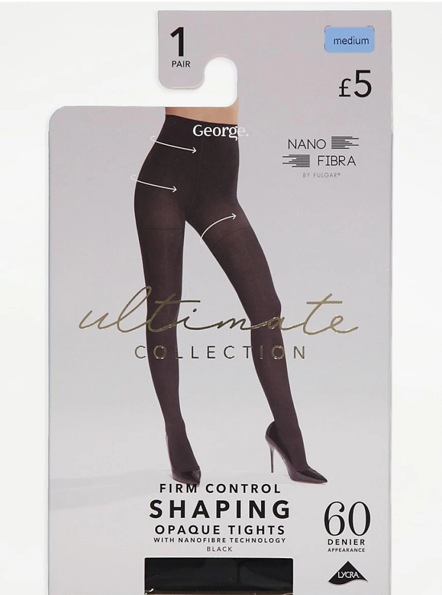 George at Asda Black 60 Denier Firm Control Opaque Tights for Women - Shaping & Slimming Lingerie Tights