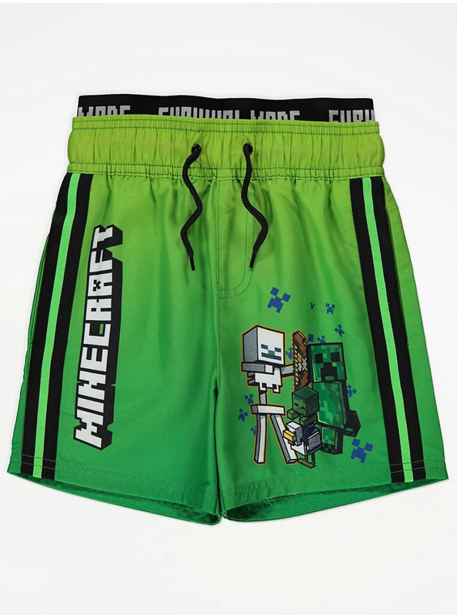 "George at Asda Boys' Minecraft Green Swim Shorts for Kids – Comfort & Fun Design"