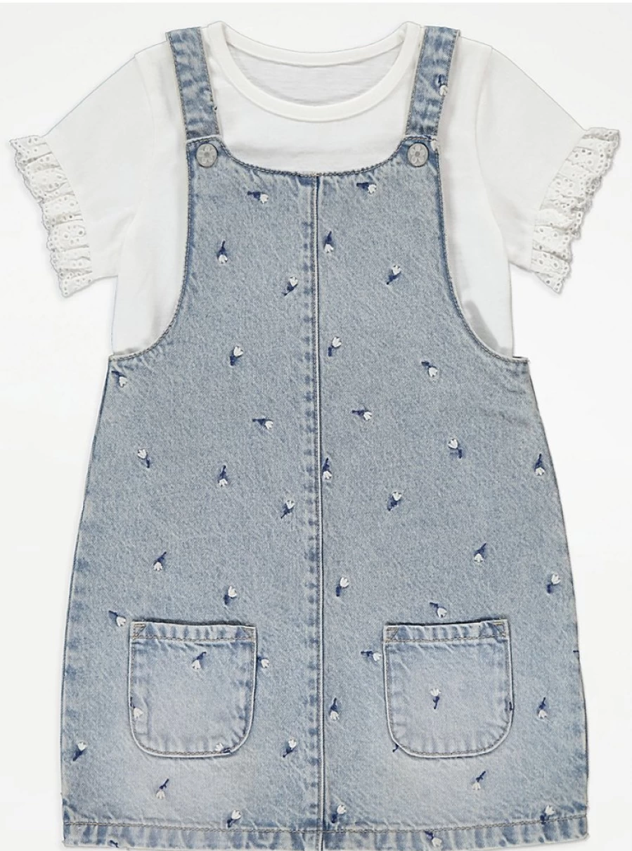 "George at Asda Girls' Blue Denim Pinafore Dress with Flower Embroidery and T-Shirt Outfit Set Reviews"