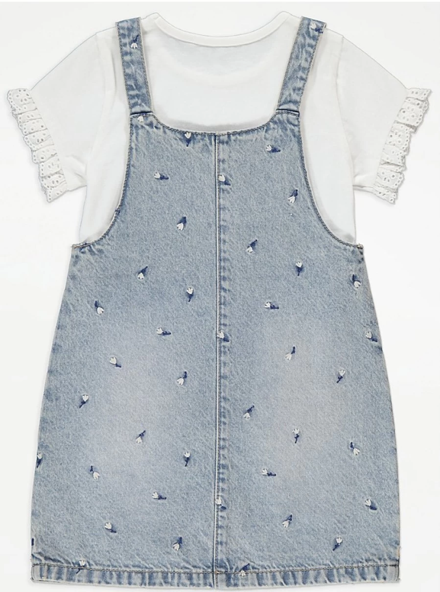 "George at Asda Girls' Blue Denim Pinafore Dress with Flower Embroidery and T-Shirt Outfit Set Reviews"