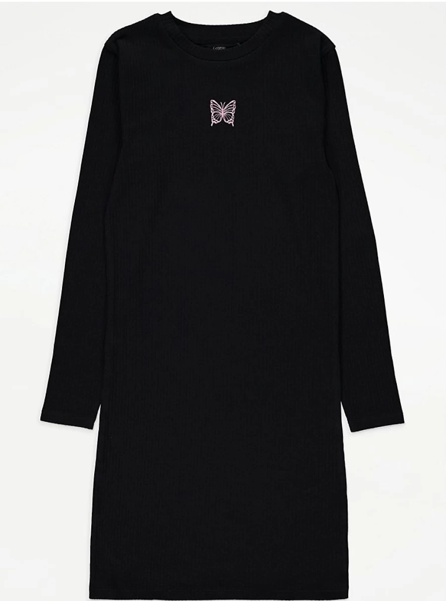 "George at Asda Girls' Black Butterfly Ribbed Long Sleeve Dress – Comfortable & Stylish Kids' Dress"