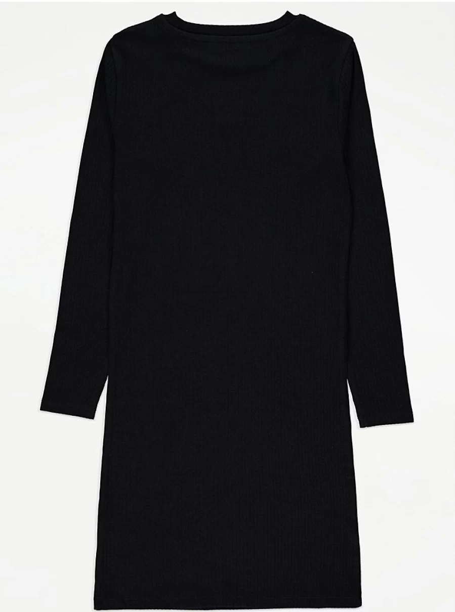 "George at Asda Girls' Black Butterfly Ribbed Long Sleeve Dress – Comfortable & Stylish Kids' Dress"