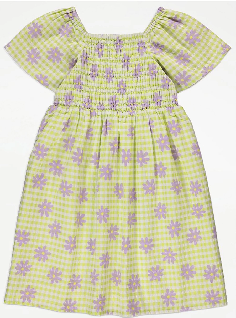 "George at Asda Girls' Lime Gingham Floral Shirred Dress – Cute & Comfortable Kids' Dress"