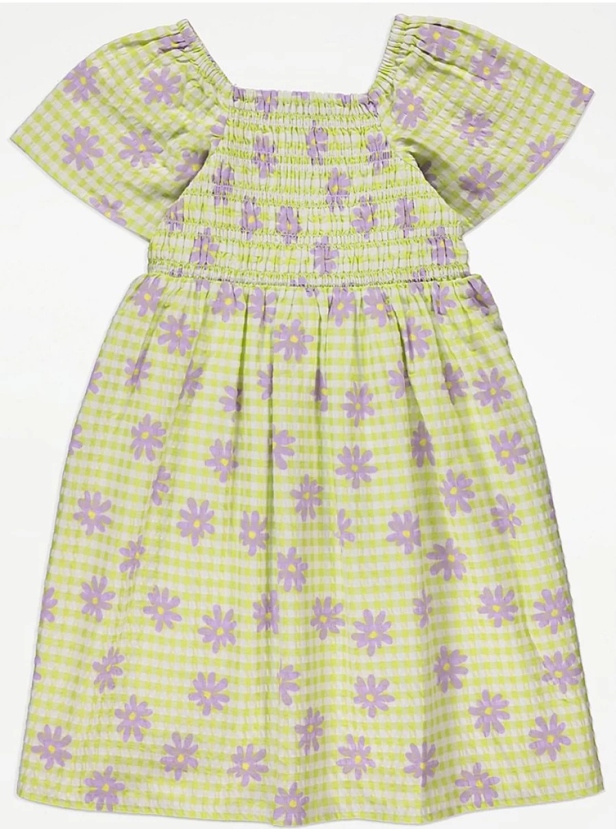 "George at Asda Girls' Lime Gingham Floral Shirred Dress – Cute & Comfortable Kids' Dress"
