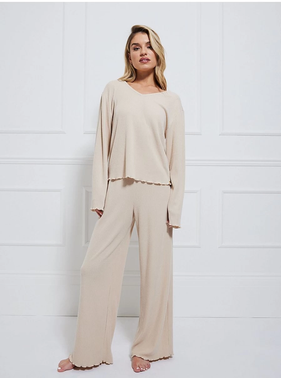 "George at Asda Women's Neutral Ribbed Long Sleeve Lounge Set - Comfortable Lingerie & Loungewear"