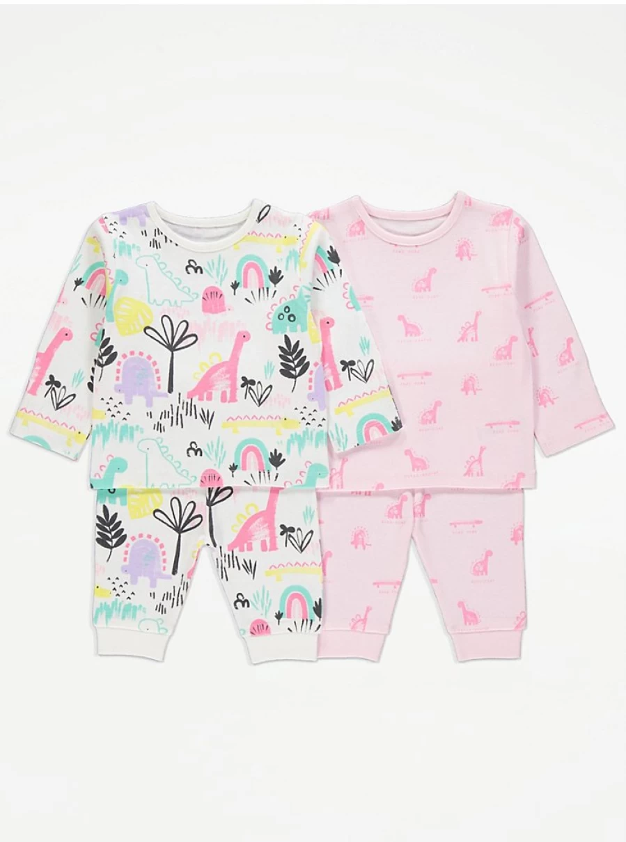 George at Asda Baby Boys/Girls Dinosaur Print 2-Pack Long Sleeve Pyjamas - Soft Cotton Sleepwear Set