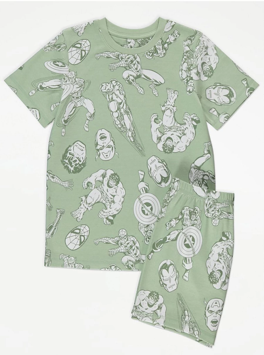 "George at Asda Boys Marvel Green Short Pyjamas Set - Kids Superhero Sleepwear Gift"