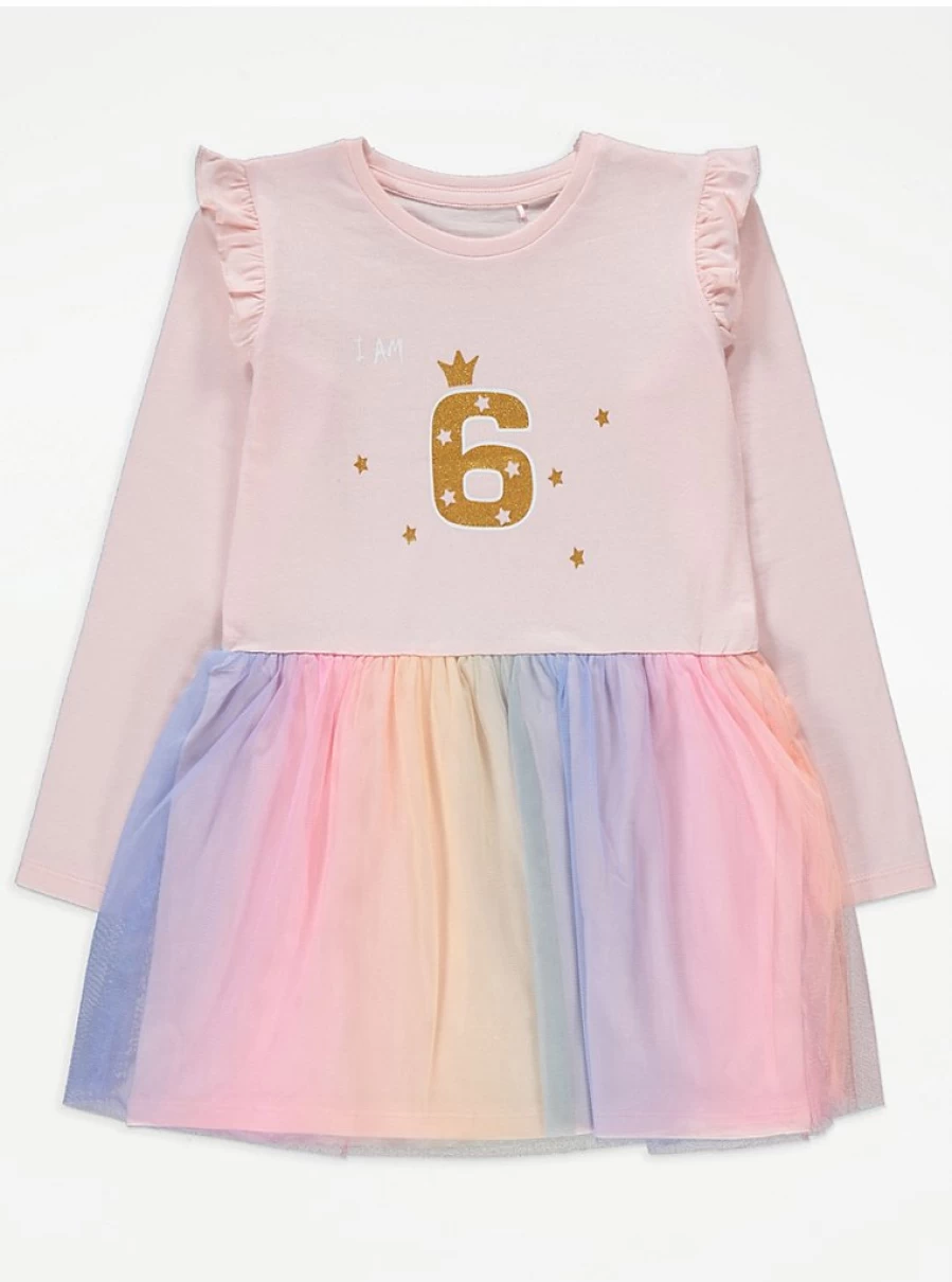 "George at Asda Girls' Pink Rainbow 'I Am 6' Birthday Tutu Dress - Cute Party Outfit for Kids"