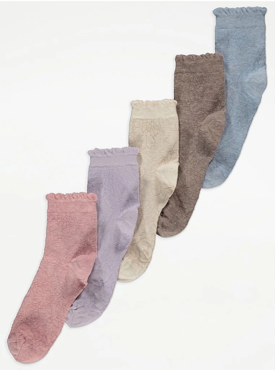 George at Asda Textured Floral Cropped Ankle Socks 5 Pack - Lace Trim Comfort Socks for Women