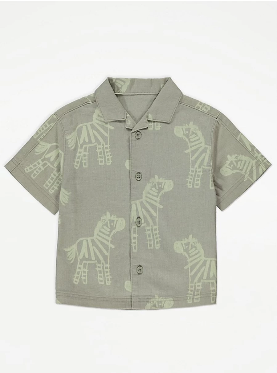 "George at Asda Boys' Pale Khaki Zebra Print Linen Blend Short Sleeve Shirt Reviews"