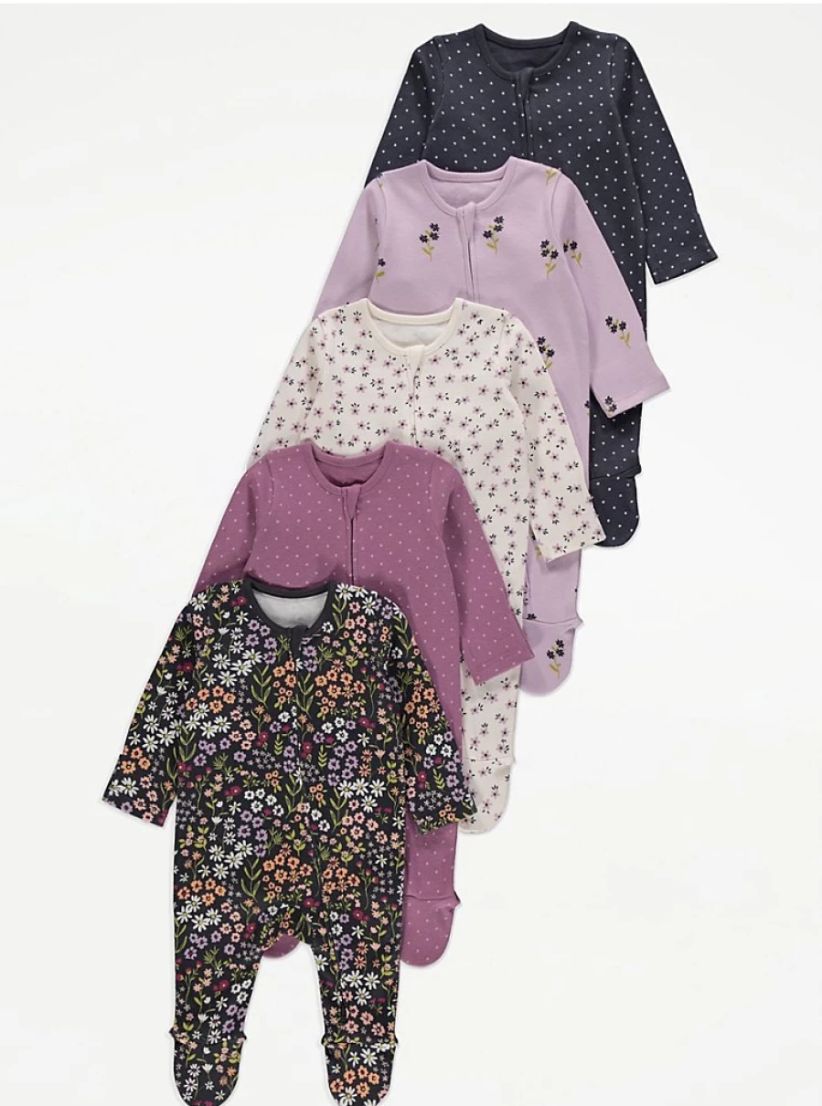 "George at Asda Baby 5-Pack Purple Floral Sleepsuits with 2-Way Zip | Soft & Comfortable"