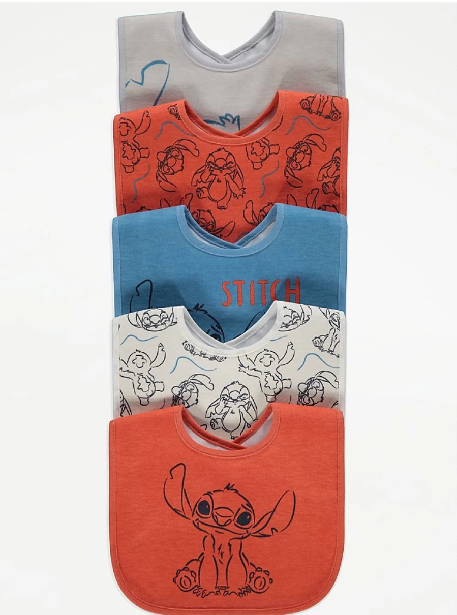 George at Asda Disney Lilo & Stitch Baby Bibs 5-Pack - Soft, Absorbent & Adorable Character Designs