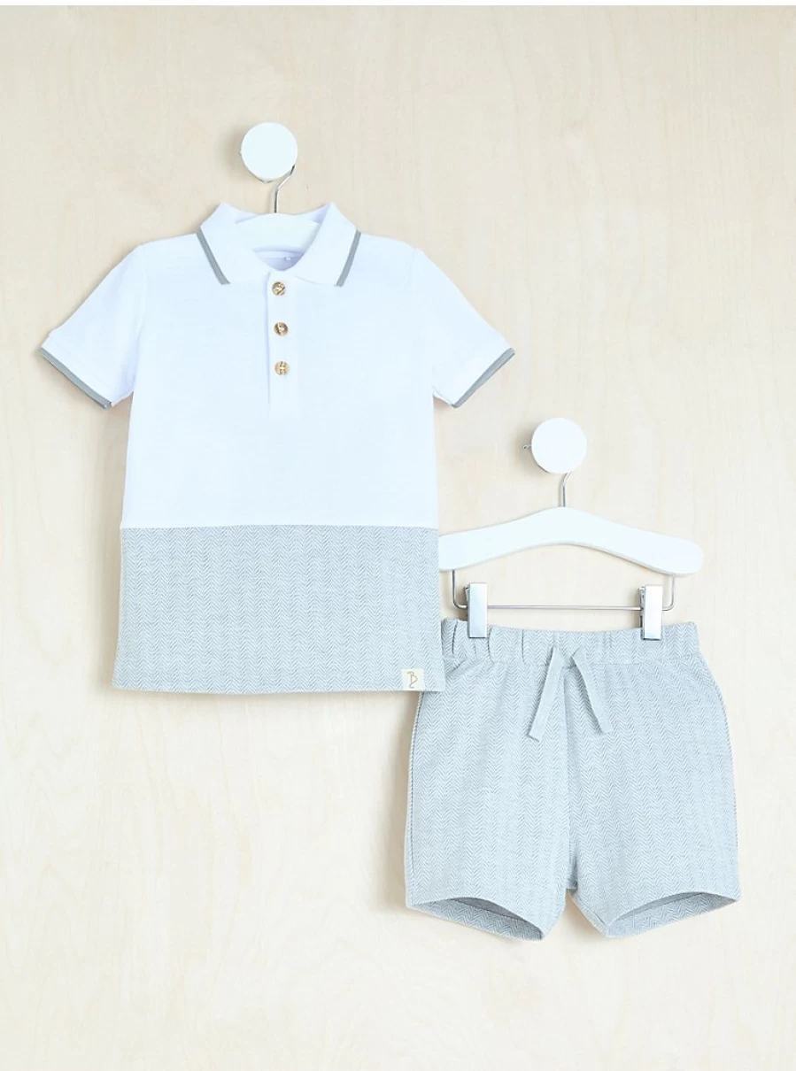 "George at Asda Boys Grey Herringbone Polo Top and Shorts Outfit Set – Kids' Casual Wear"