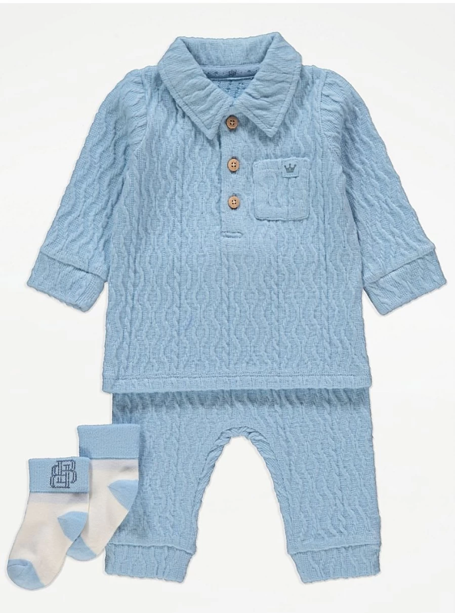 "George at Asda Boys' Light Blue Knitted Polo Top, Trousers & Socks Outfit Set Reviews"