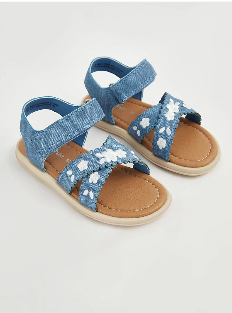 George at Asda Girls' Blue Floral Embroidered Denim Sandals – Comfortable & Stylish Kids' Footwear