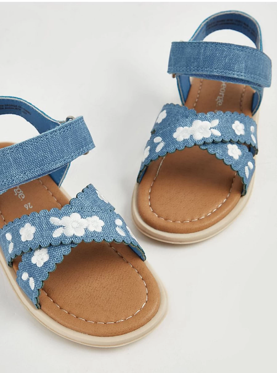George at Asda Girls' Blue Floral Embroidered Denim Sandals – Comfortable & Stylish Kids' Footwear