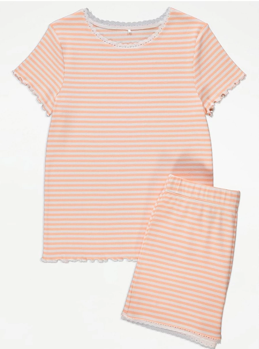 "George at Asda Kids Peach Striped Lettuce Edge Short Pyjamas – Comfortable & Cute Sleepwear"