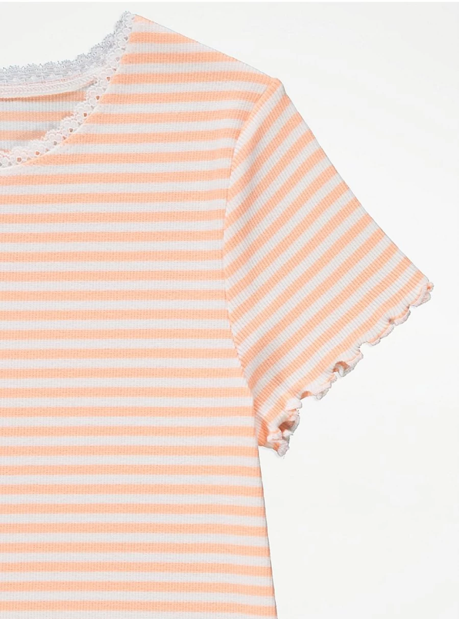 "George at Asda Kids Peach Striped Lettuce Edge Short Pyjamas – Comfortable & Cute Sleepwear"