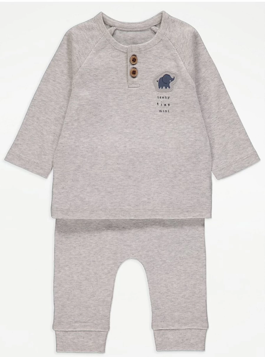 "George at Asda Boys Grey Ribbed Elephant Print Long Sleeve Top and Leggings Set"