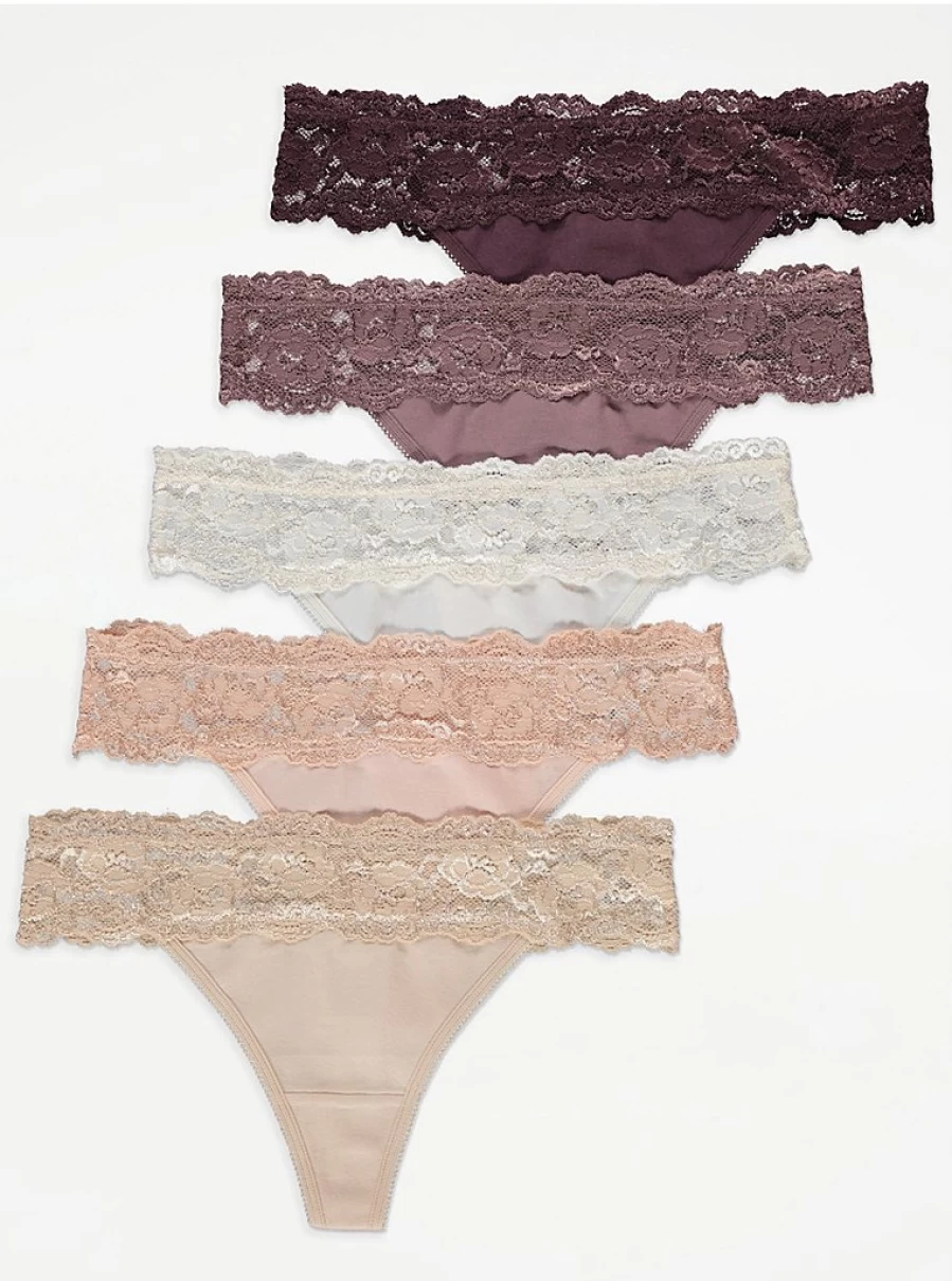 "George at Asda Women's Lace Trim Thongs 5-Pack | Comfortable Lingerie Set"