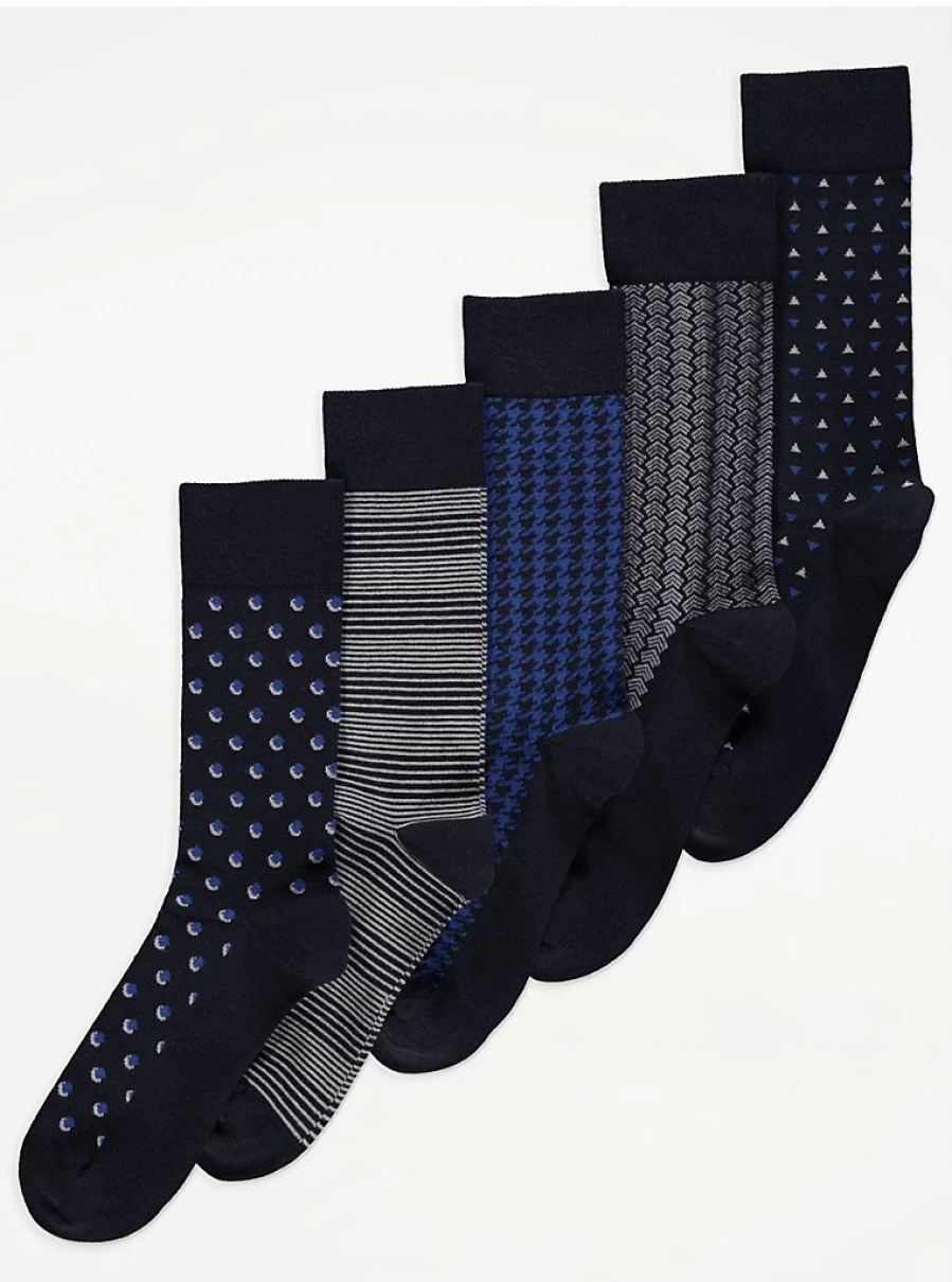 "George at Asda Men's Navy Patterned Ankle Socks 5-Pack – Premium Comfort & Style"