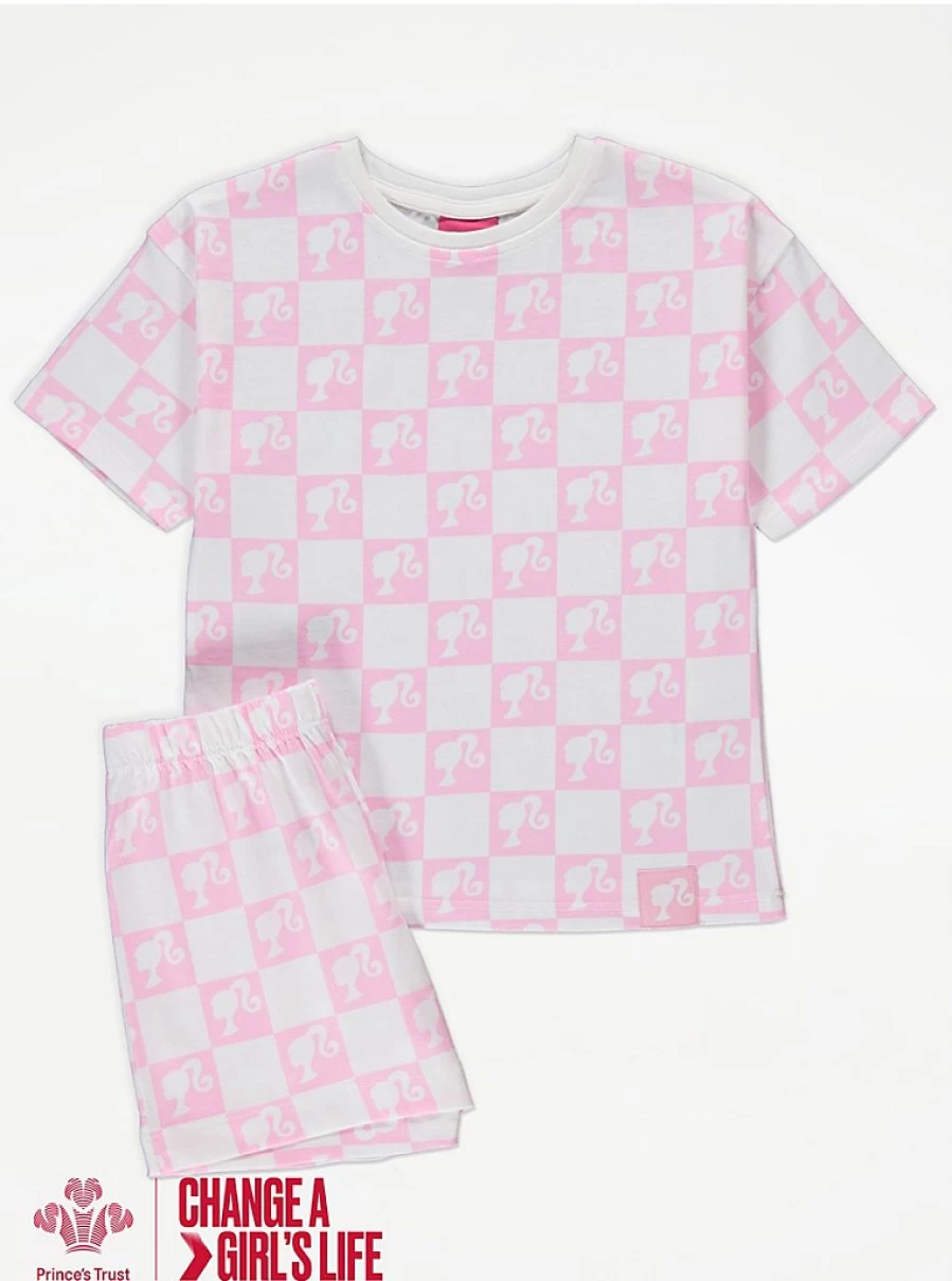 George at Asda Kids' Pink Checked Barbie Prince's Trust Short Pyjamas | Comfortable Sleepwear for Children