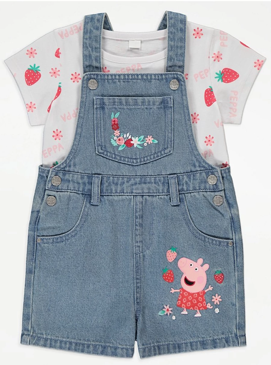 "George at Asda Girls' Peppa Pig Strawberry Dungarees & T-Shirt Outfit – Cute Kids' Character Set"
