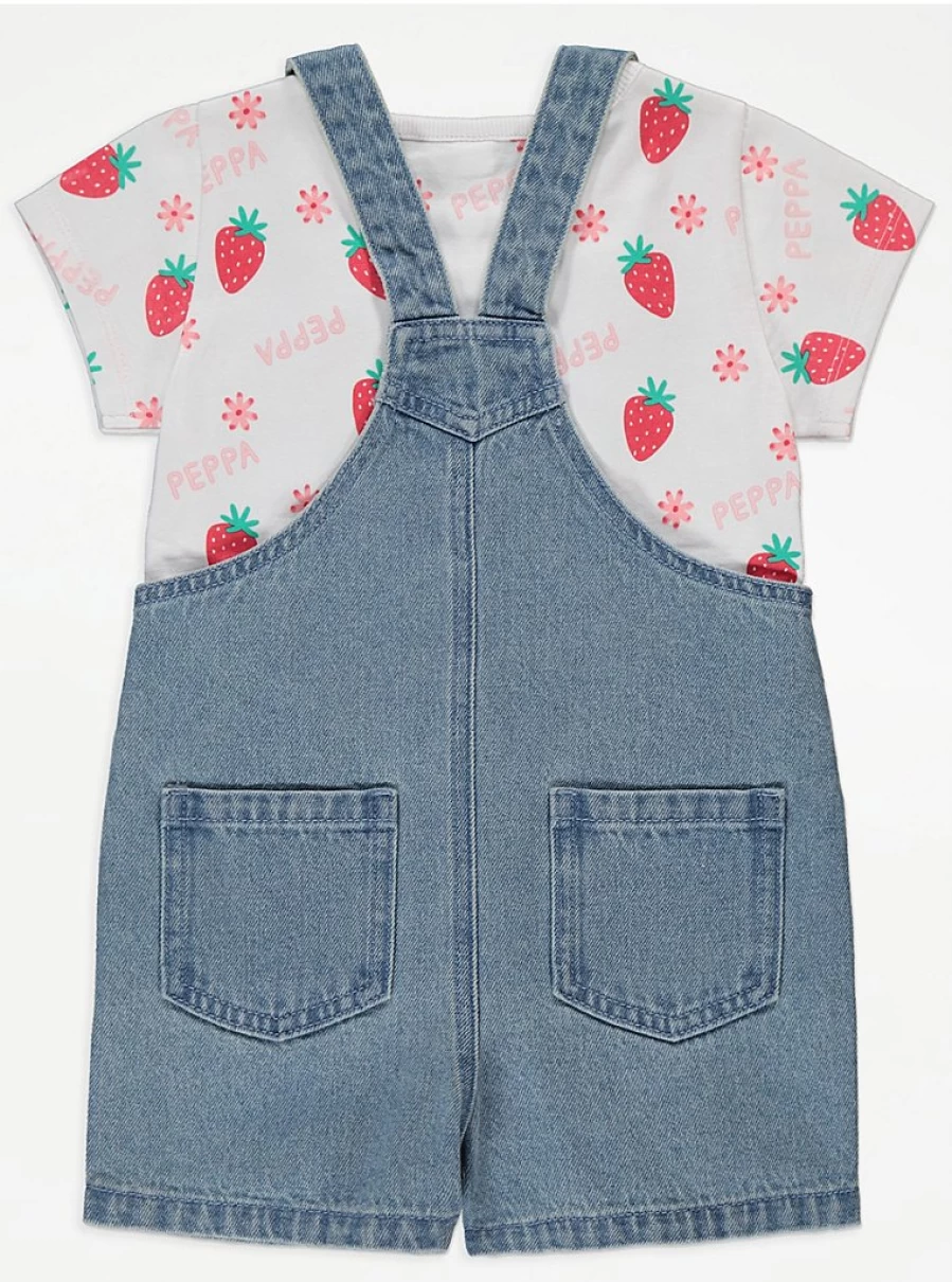"George at Asda Girls' Peppa Pig Strawberry Dungarees & T-Shirt Outfit – Cute Kids' Character Set"