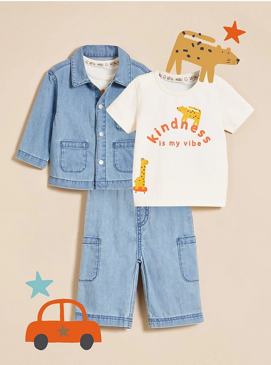 "George at Asda Baby Boy's Denim Jacket, Trousers & T-Shirt 3-Piece Set – Little Angels Collection"