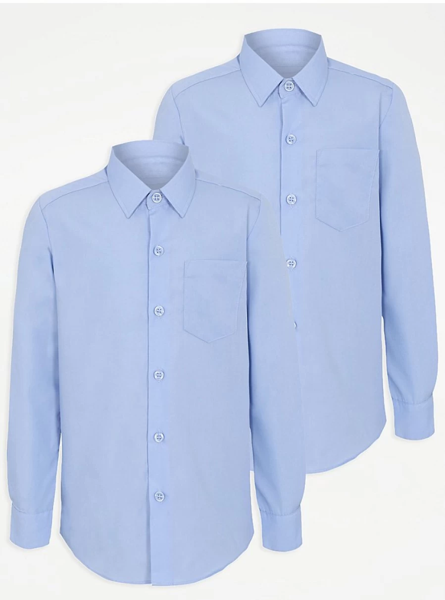 "George at Asda Girls' Light Blue Long Sleeve School Shirts 2-Pack – Comfortable & Durable Uniform Tops"