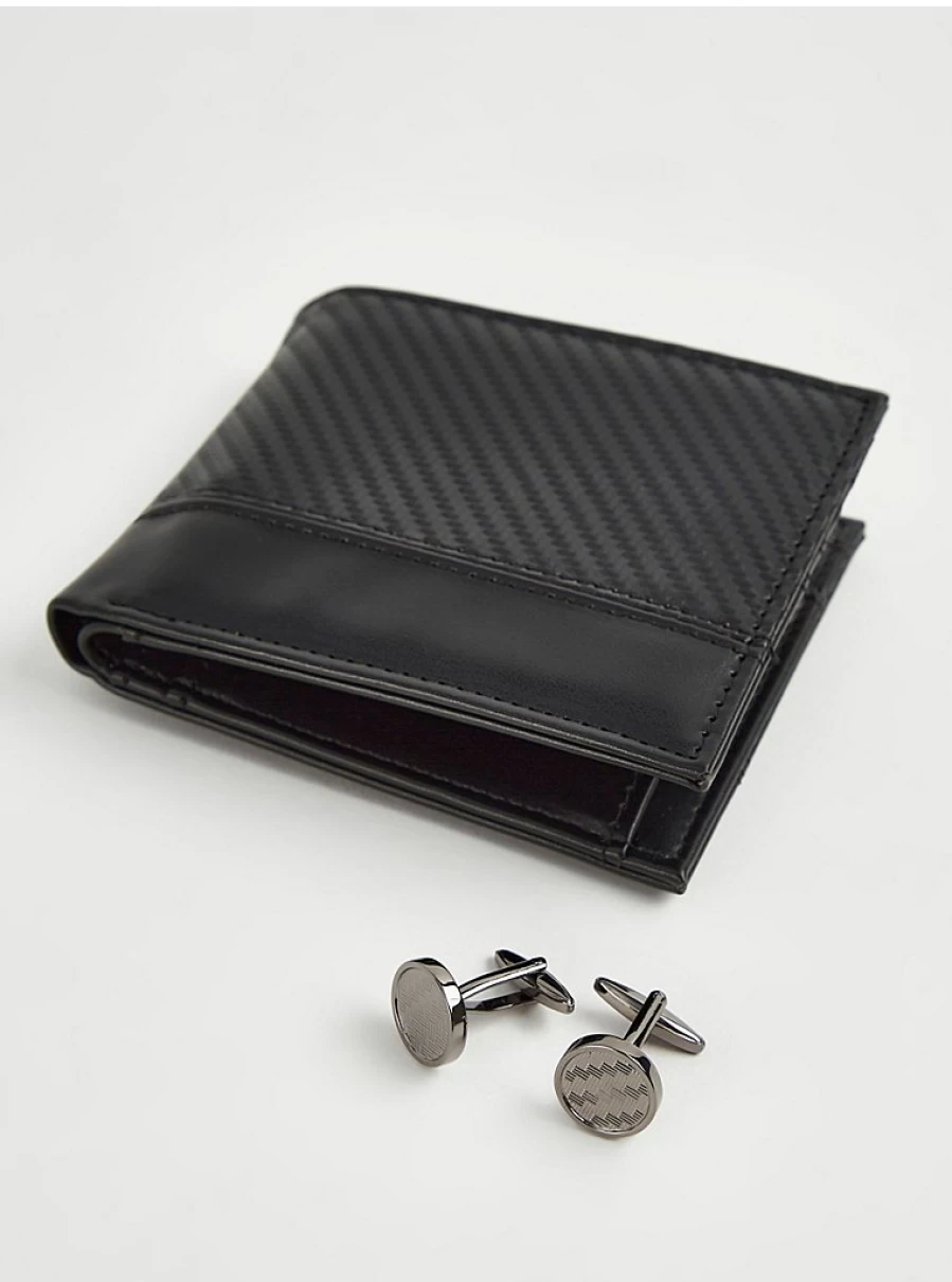 "George at Asda Men's Black Textured Leather Wallet and Cufflink Gift Set"