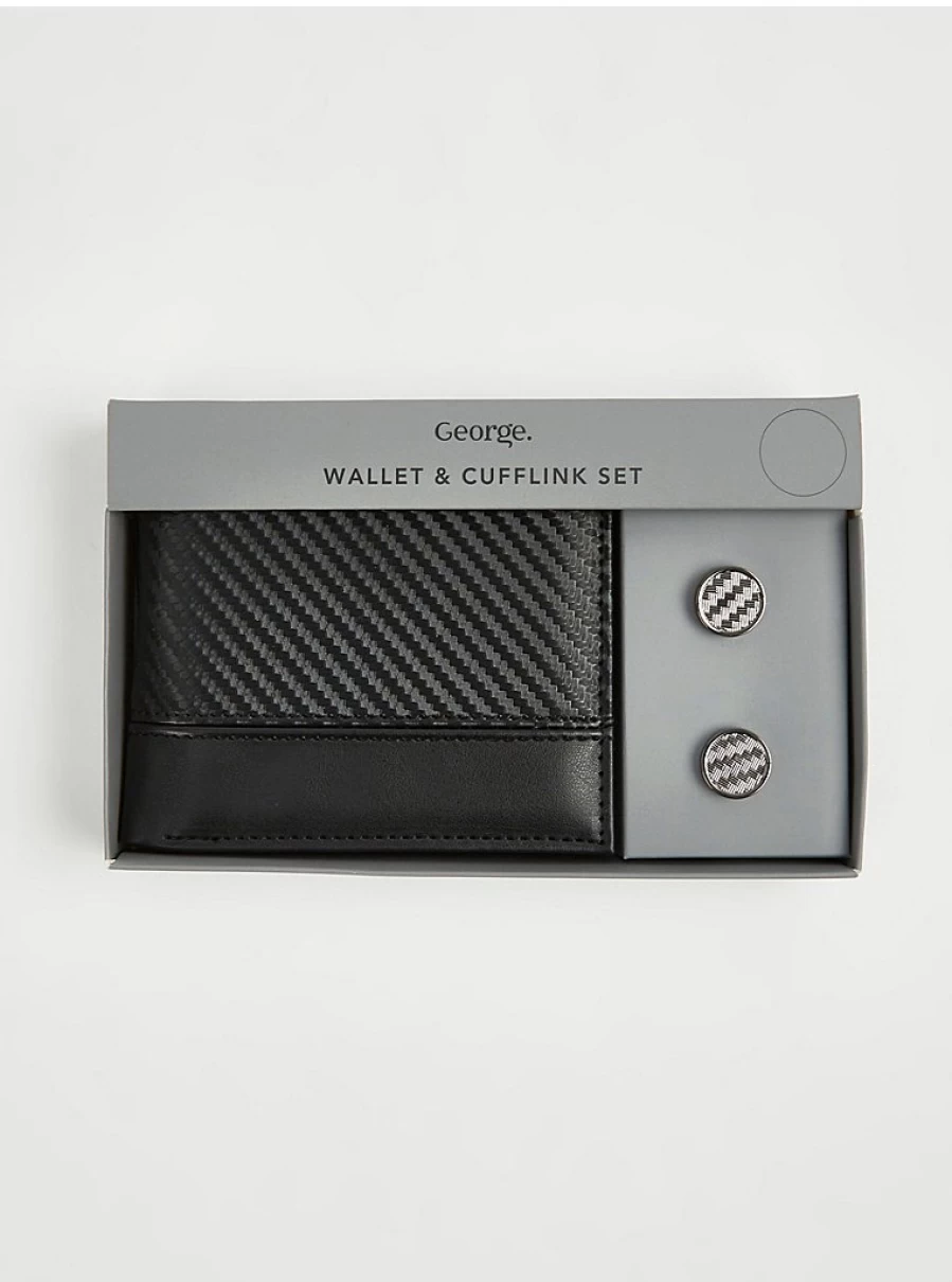 "George at Asda Men's Black Textured Leather Wallet and Cufflink Gift Set"