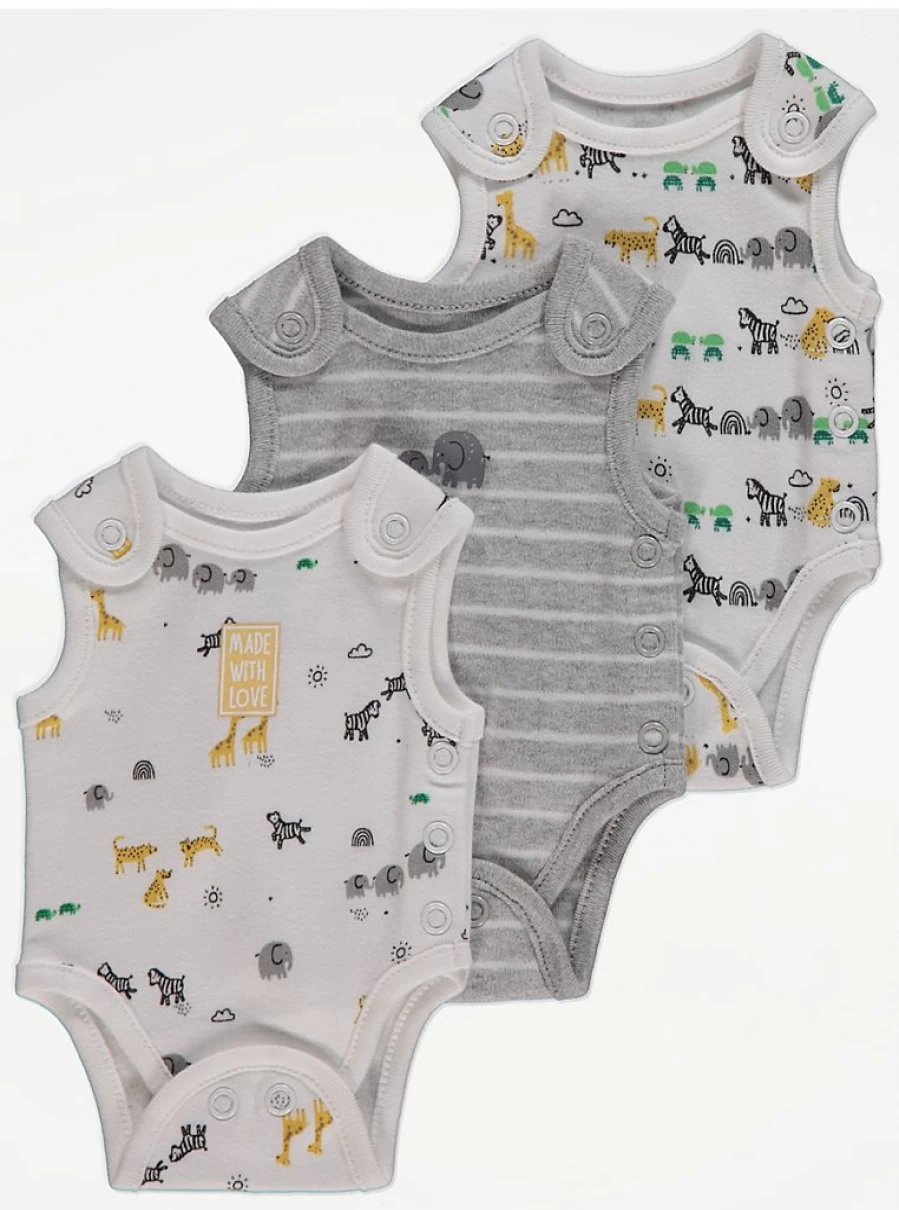 George at Asda Safari Animal Print Baby Bodysuits - Soft 3-Pack for Newborns & Infants