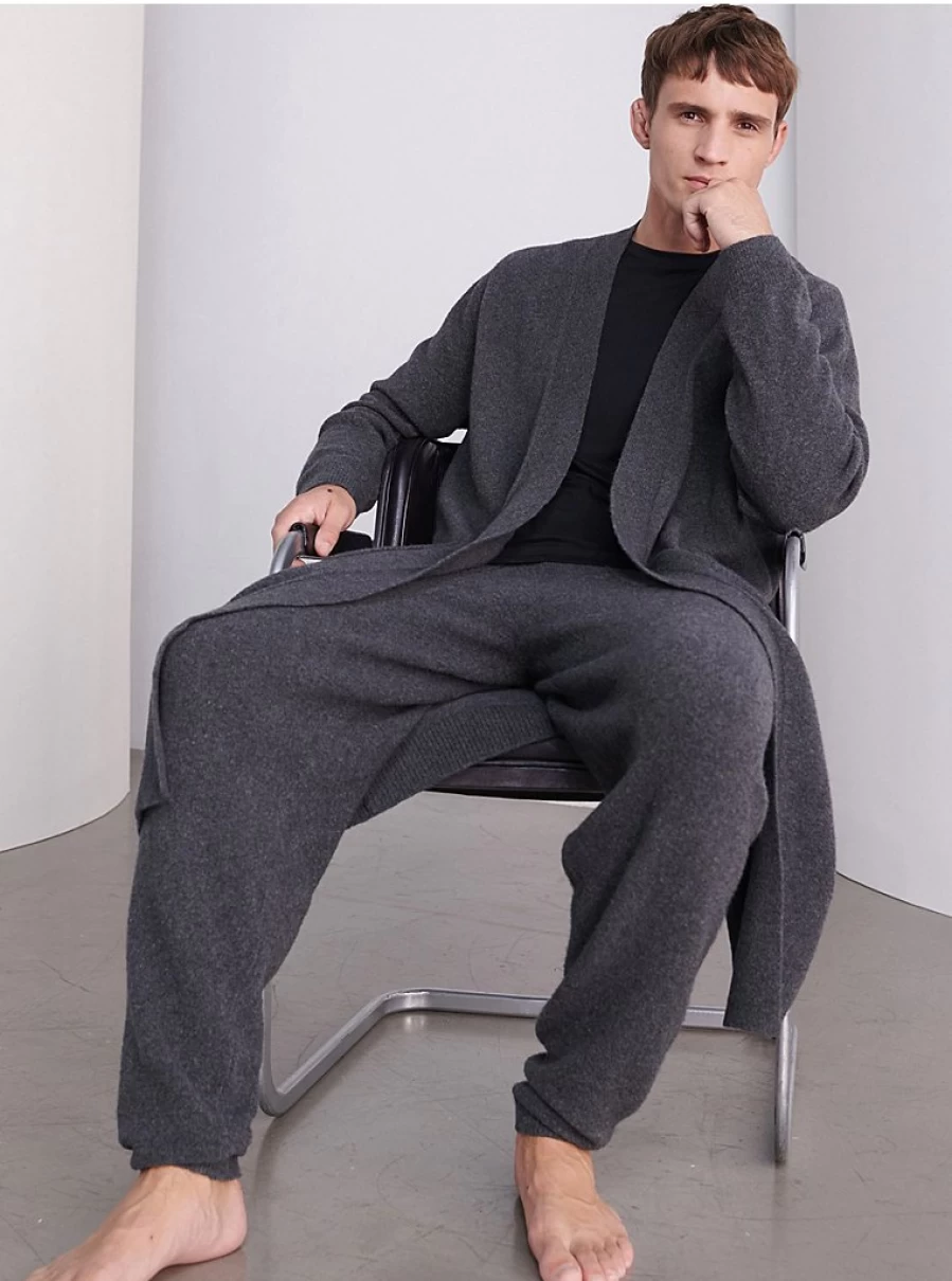 Men's Grey Knitted Dressing Gown & Joggers Set - Studio Edit Co-Ord by George at Asda