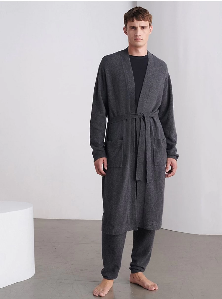 Men's Grey Knitted Dressing Gown & Joggers Set - Studio Edit Co-Ord by George at Asda