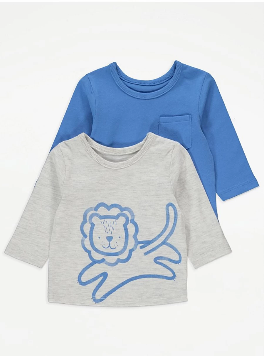 George at Asda Baby Boys' & Girls' Lion Print Long Sleeve Tops 2-Pack - Soft Cotton Comfort Wear