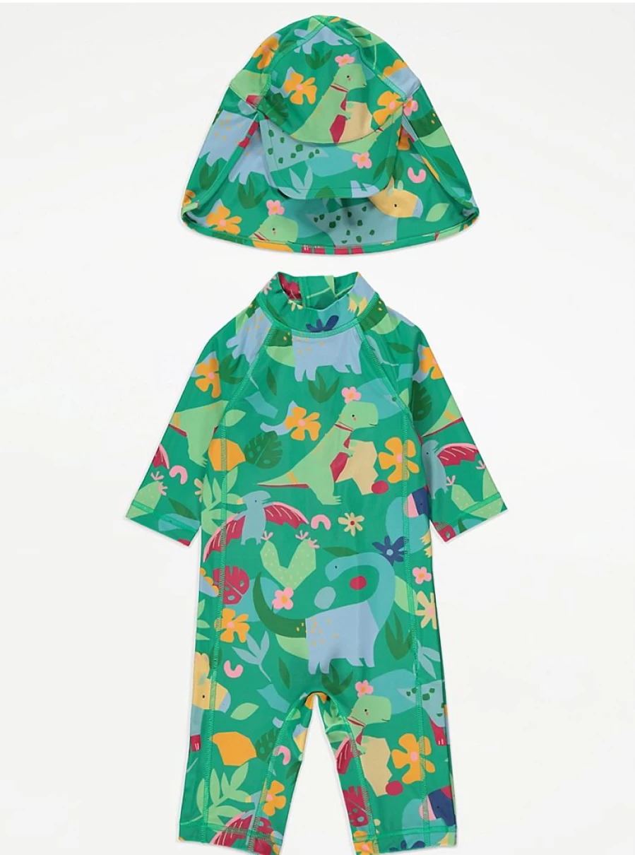 "George at Asda Boys' Green Dinosaur Swimsuit with Keppi Hat – Kids Swimwear Review"