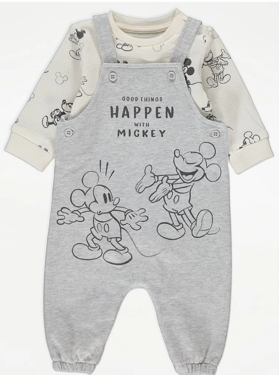 George at Asda Boys' Mickey Mouse Baby Bodysuit & Dungaree Set | Disney Inspired Outfit