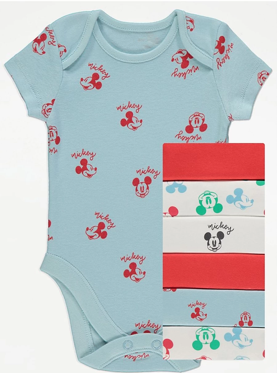 George at Asda Baby Boys' & Girls' Disney Mickey Mouse Short Sleeve Bodysuits 7-Pack - Soft Cotton Onesies for Infants