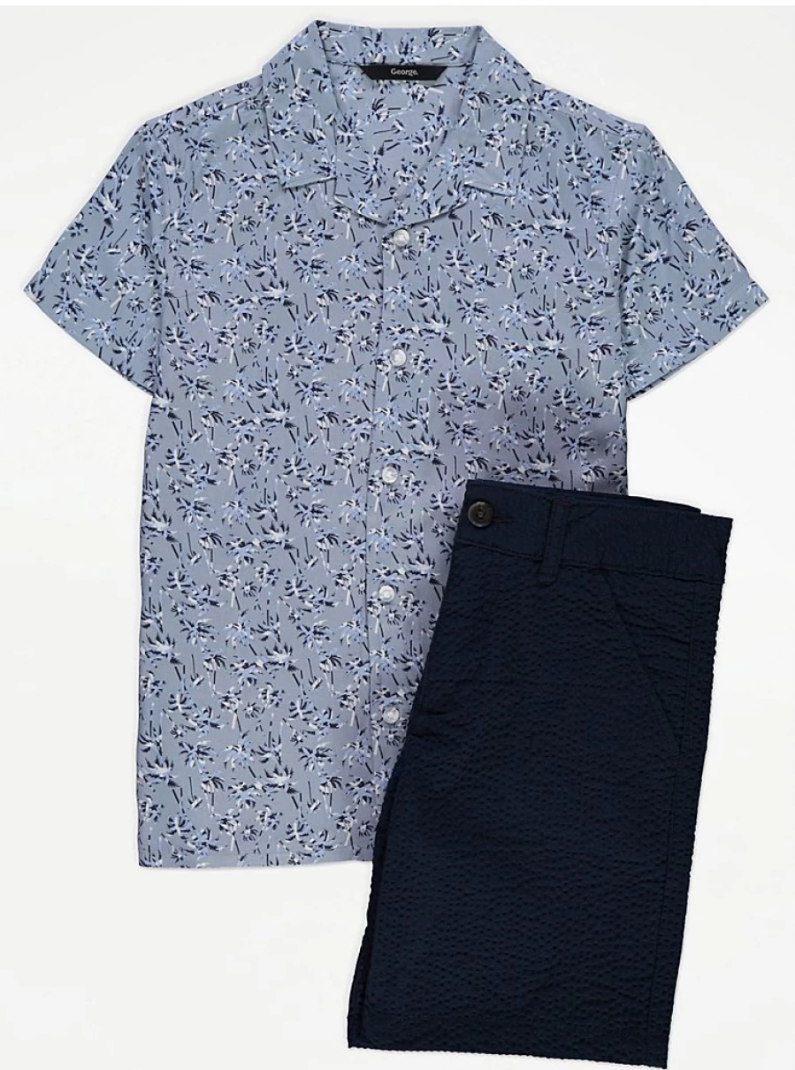 "George at Asda Boys' Blue Palm Print Short Sleeve Shirt and Shorts Set"