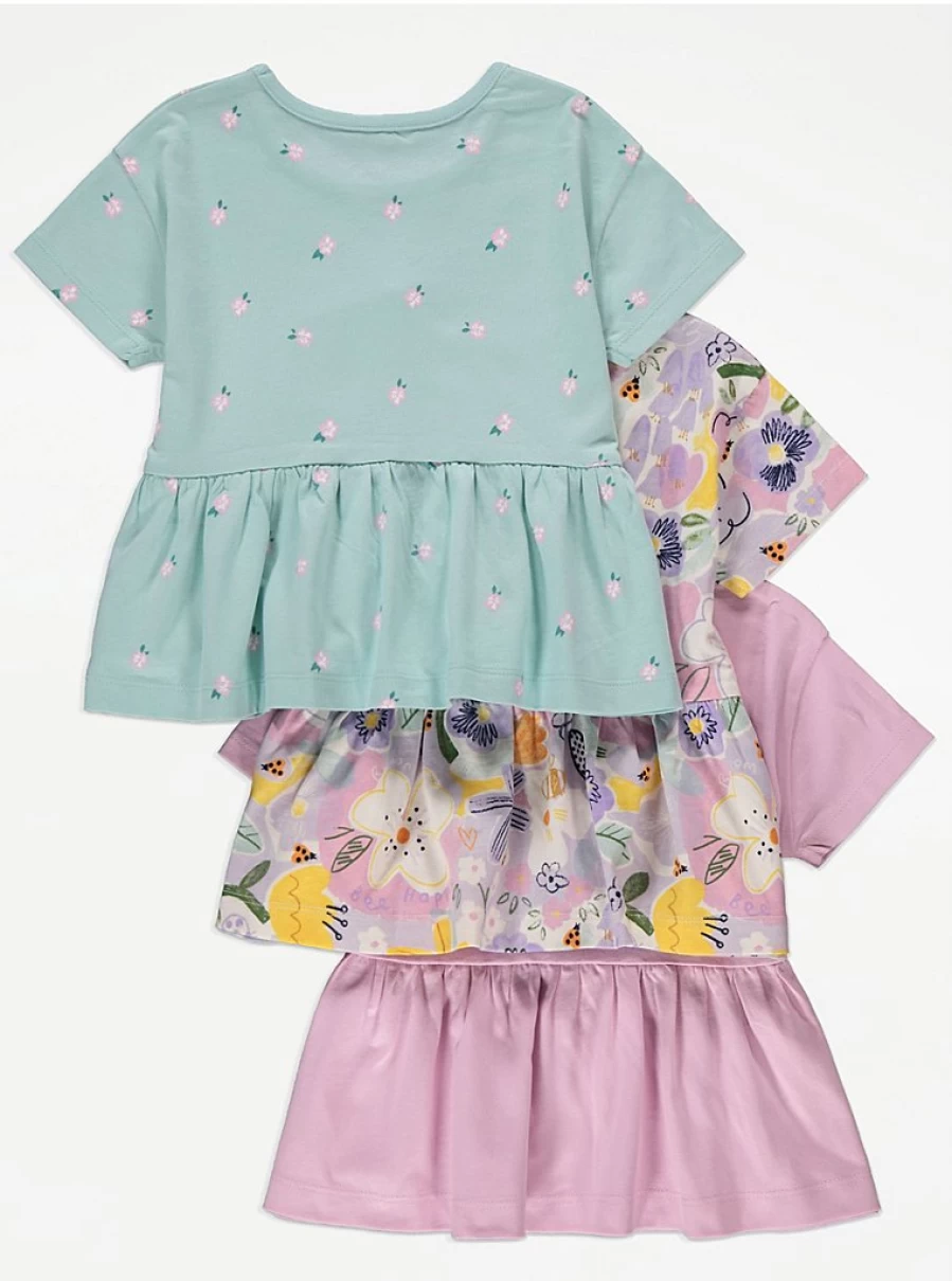 Girls Pastel Floral Empire Line T-Shirts 3 Pack | George at Asda | Soft Cotton Kids Tees