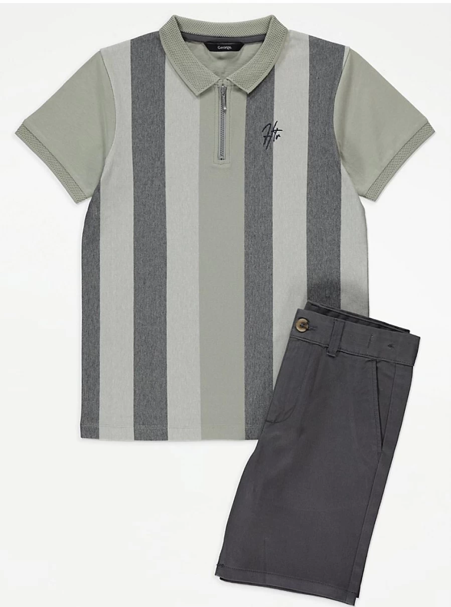 "George at Asda Boys' Green Stripe Polo Shirt & Chino Shorts Outfit Set – Kids' Summer Casual Wear"